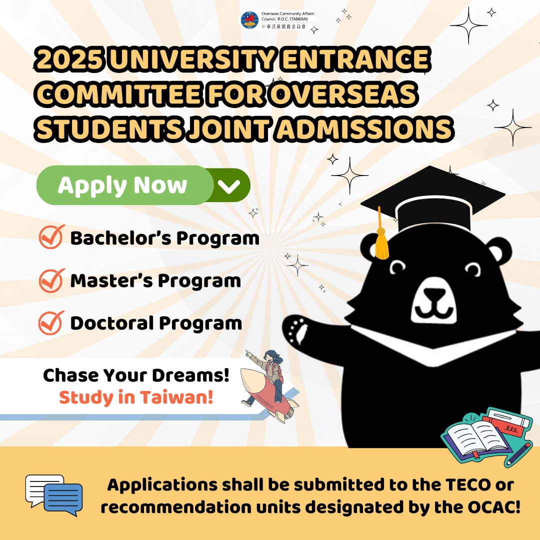 OCAC_TAIWAN's tweet photo. Chase Your Dreams! Study in Taiwan!🌟

🎉 2025 University Entrance Committee For Overseas Students Joint Admissions are open! Apply now for bachelor’s, master’s, or doctoral programs! Taiwan is the perfect choice! 💪

For more information, please visit 🔍https://t.co/85wcXnAT26 https://t.co/x0gTKOd9Nu