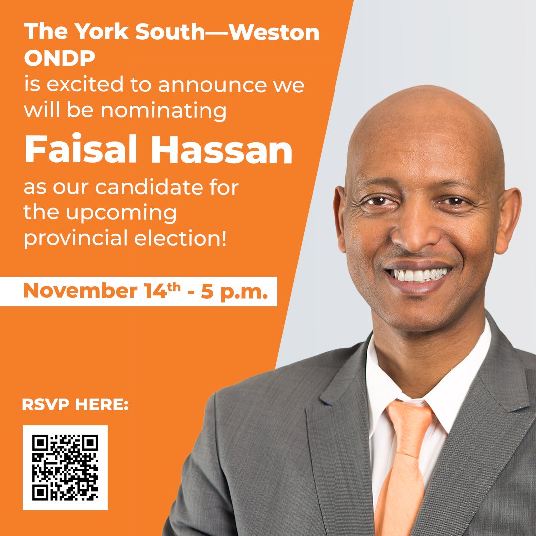 FaisalAHassan's tweet photo. I am putting my name forward to be the candidate for ONDP in the upcoming provincial election in York South—Weston. Join me at the nomination meeting on Thursday, November 14th at 5PM. RSVP.  #YSW https://t.co/9Nt3bsdVwV
