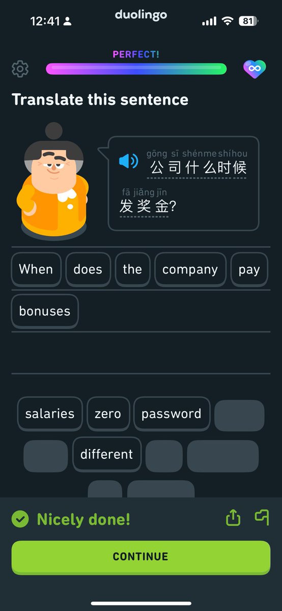 burggarten's tweet photo. 本日、Duolingoの中国語の日本語版、英語版の二つの課程を完了。英語版の最後の質問はこのようなもので、まだまだ話せるレベルではないのだが、雰囲気は分かったので、ちゃんとした文法などを学びながら続けて行きます。Duolingoありがとうー。 https://t.co/KhYhLkonnv