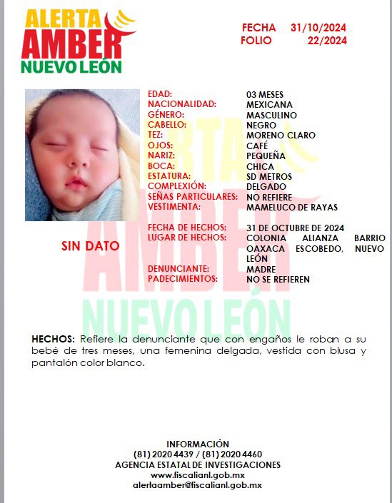 FiscaliaNL's tweet photo. 📣 Se activa #AlertaAmber 
Solicitamos de su colaboración para localizar a Bebe masculino de 3 meses de edad

‼️Por favor comparte‼️ https://t.co/ZCRb2AQuea