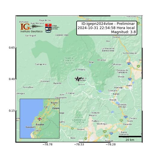 #SISMO ID:igepn2024vloe Preliminar 2024-10-31 22:54:59 TL Magnitud: 3.8 Profundidad: 5 km, a 31.51 km de Cotacachi, Imbabura, Latitud: 0.43 Longitud:-78.52 Ecuador. Sintió este sismo (débil, fuerte, muy fuerte)? Cuéntenos en dónde?