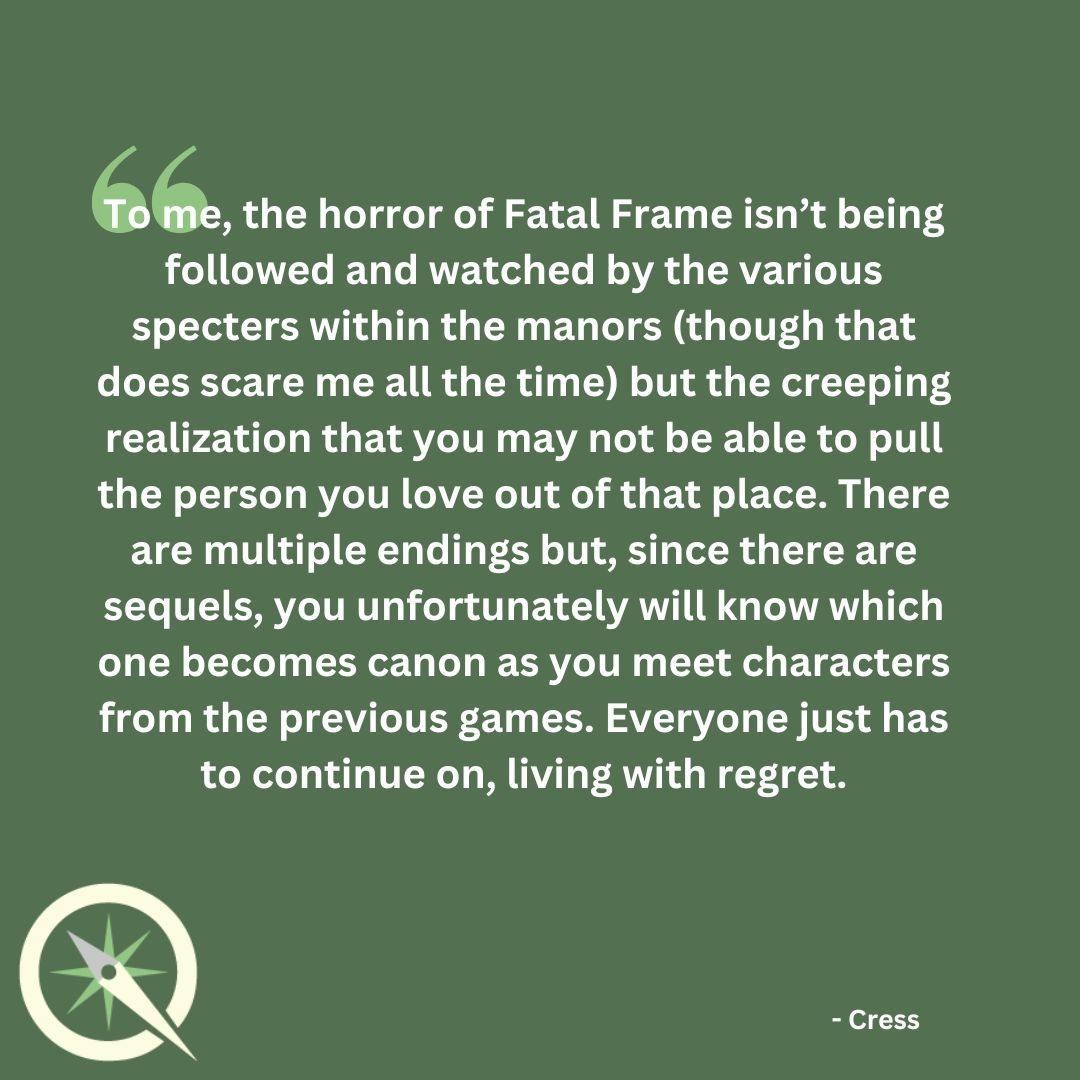 "To me, the horror of Fatal Frame isn’t being followed and watched by the various specters within the manors... but the creeping realization that you may not be able to pull the person you love out of that place." - Cress 

Read more: buff.ly/48vxgqD