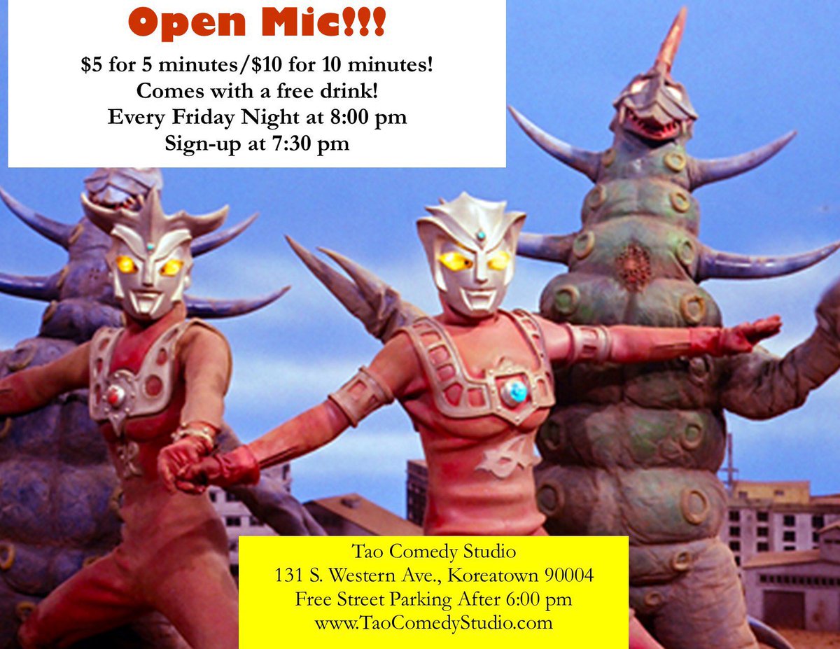 Friday Mic <a href="/8pm/">8pm</a> at Tao Comedy Studio! Hosted by Chris Oliver. 

$5 = 5 min or $10 for 10 minutes + free drink! 

FRIDAY LIVE MIC! SHOW UP/SIGNUP! Comes with a FREE DRINK plus a PUNCHCARD to get free mics.

Signups start @7:30. 

Free street parking after 6pm.