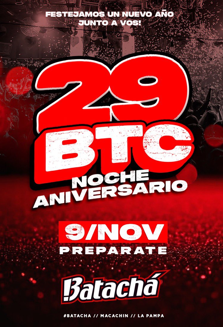 Batachá 29 años 🎉🎂 NOCHE ANIVERSARIO 

sábado 9 de Nov. / accesos en batacha.com.ar 🎫

#BatacháAniversario