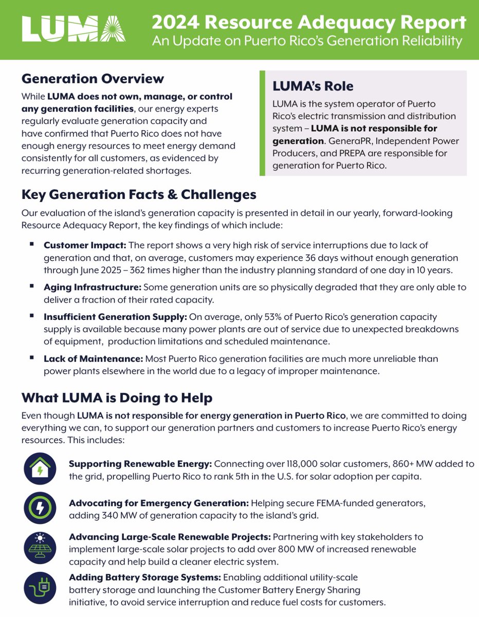 "Sin generación confiable no hay energía confiable en #PuertoRico." Informe de <a href="/lumaenergypr/">LUMA Puerto Rico</a> anticipa que los apagones en la Isla se duplicarán el próximo año, debido a la insuficiencia de generación en las plantas de <a href="/Genera_PR/">Genera PR</a>. #ApagónPR metro.pr/noticias/2024/…