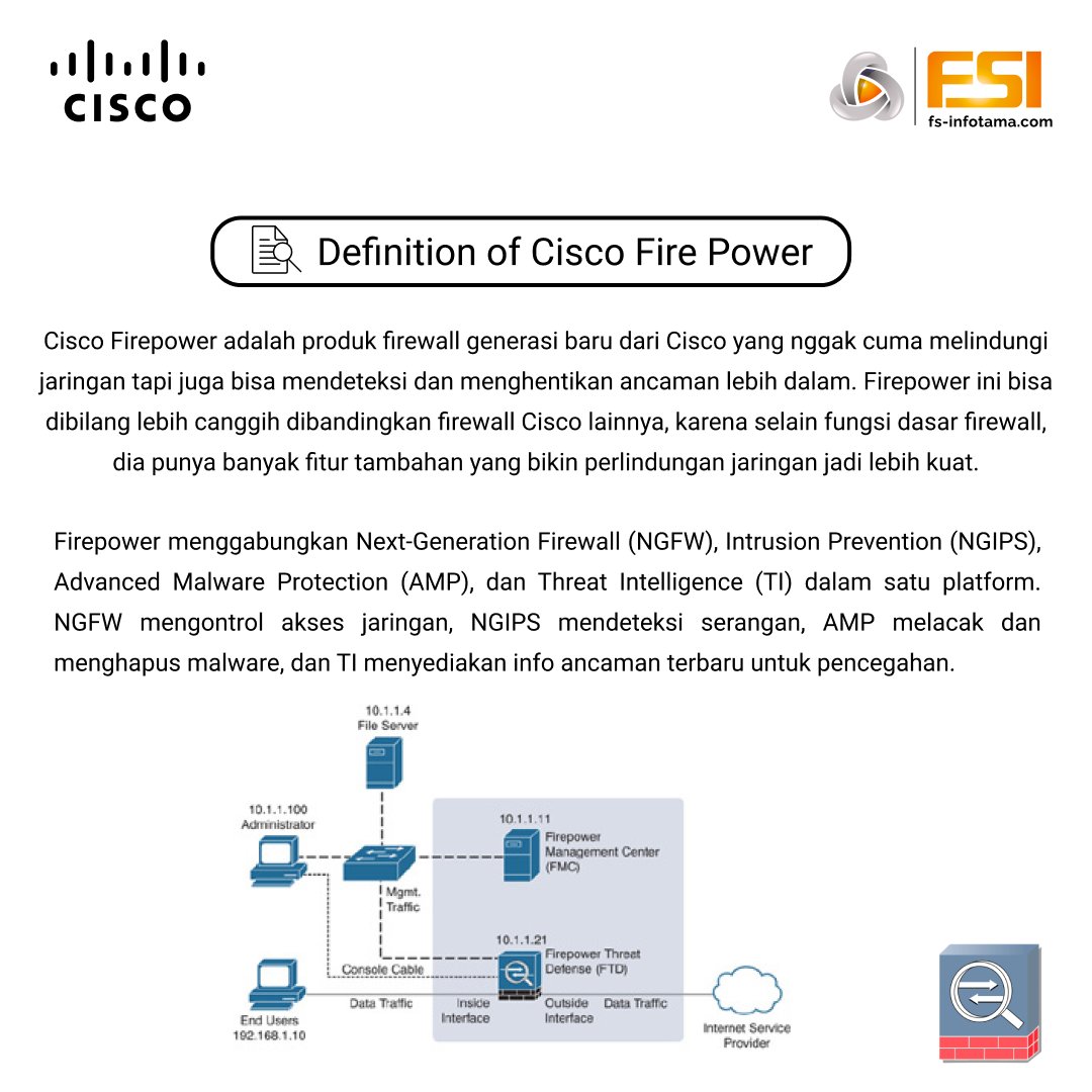 fsinfotama's tweet image. Cisco Firepower itu alat keamanan jaringan yang bisa deteksi dan cegah serangan cyber lebih canggih. Dia punya fitur lengkap buat proteksi, mulai dari firewall sampai deteksi ancaman real-time. Cocok buat perusahaan yang butuh keamanan tinggi.
#CiscoFirepower #CyberSecurity