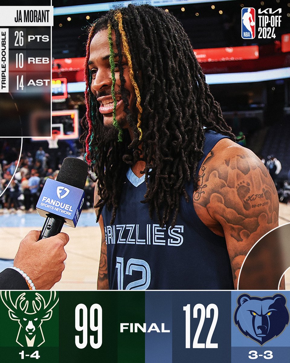 NBA's tweet image. 🏀 THURSDAY'S FINAL SCORES 🏀

Ja Morant puts on a triple-double show as the @memgrizz get the home win! #KiaTipOff24 

Santi Aldama: 19 PTS, 9 REB
Giannis Antetokounmpo: 37 PTS, 11 REB, 4 AST