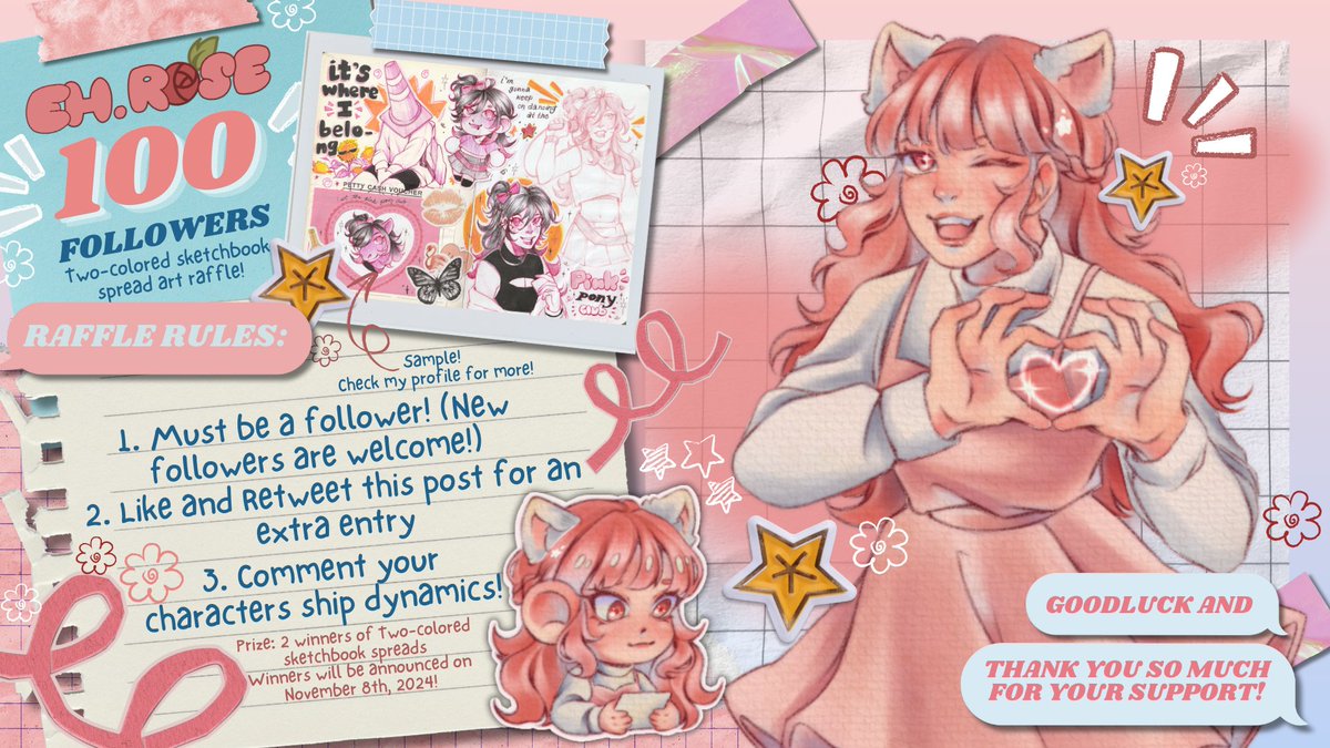 E_hRose's tweet photo. ✨️Rose's 100 followers ART RAFFLE✨️

🥀 To participate:
1. You must be a follower (new followers are welcome!)
2. Like and RT this post for an extra entry!
3. Comment your ship dynamics

Winners will be announced on Nov. 8, 2024! ✨️

Support me here: https://t.co/CDlQW84p1h https://t.co/EpFfR3GX54
