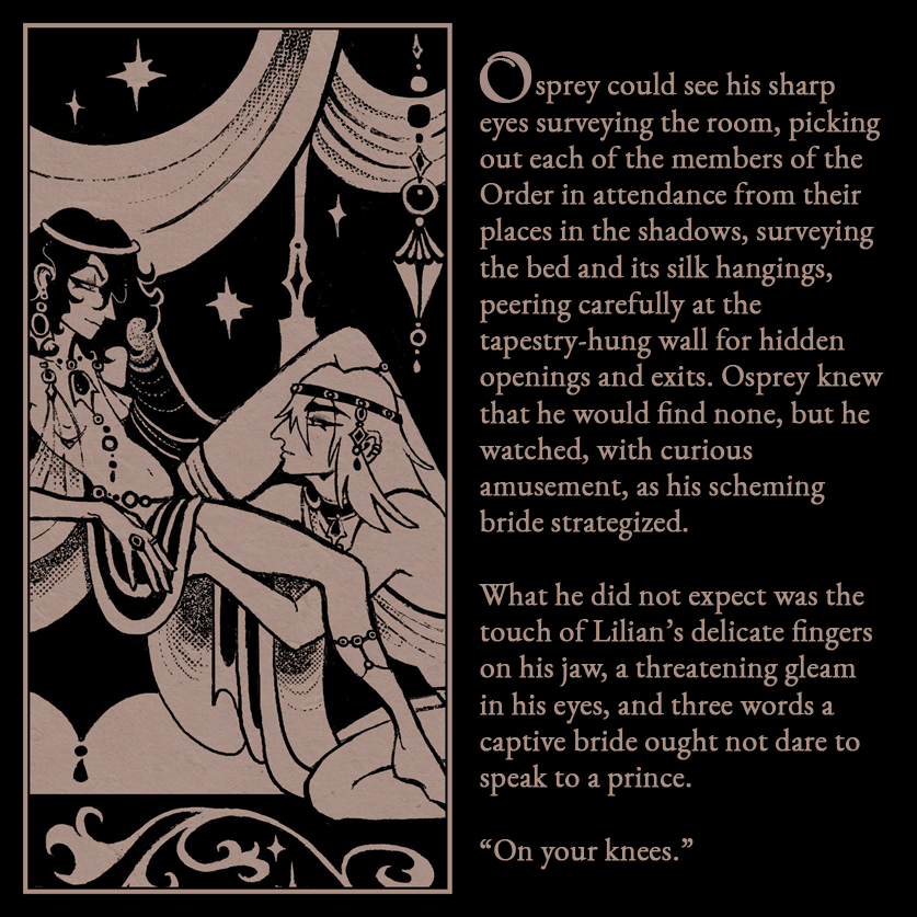 IT IS TIME... an exquisite FREE zine with a whole bounty of delicious dystopian omegaverse writing, comics and art 🧡🖤 so proud to be a part of this, I hope you enjoy my arranged marriage space royalty boys as well as everyone else's incredible work!