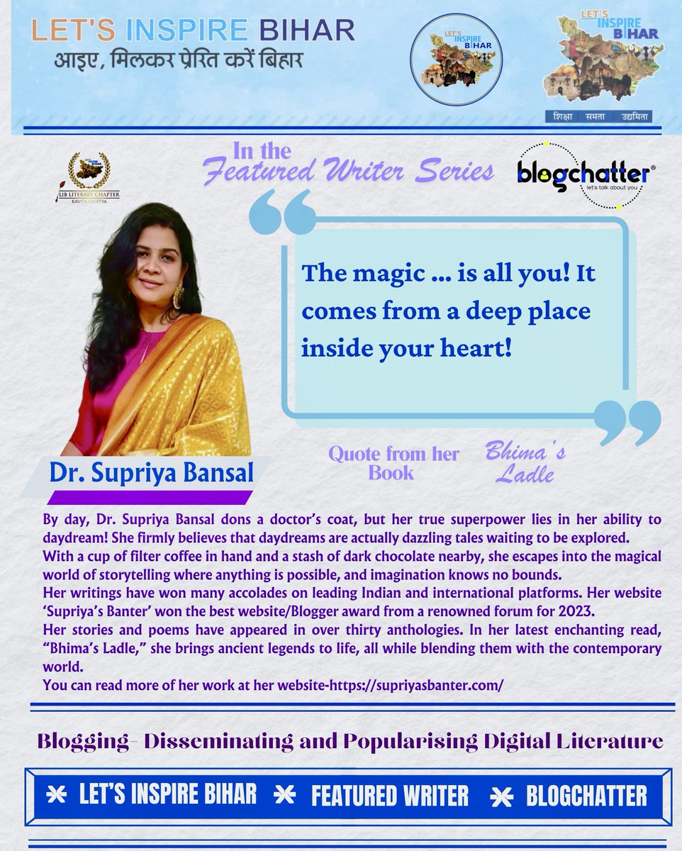 LIBLiterary's tweet photo. In the Special #FeaturedWriterSeries
Presenting the featured #Writer @BanterSupriya and her thoughts.
#Blogging #DigitalLiterature #Writers
@lib_central
@vikasvaibhavips
@blogchatter @UkiyotoP @BNBuzz
https://t.co/kkZto5V9bC https://t.co/hv2H8tkWm5