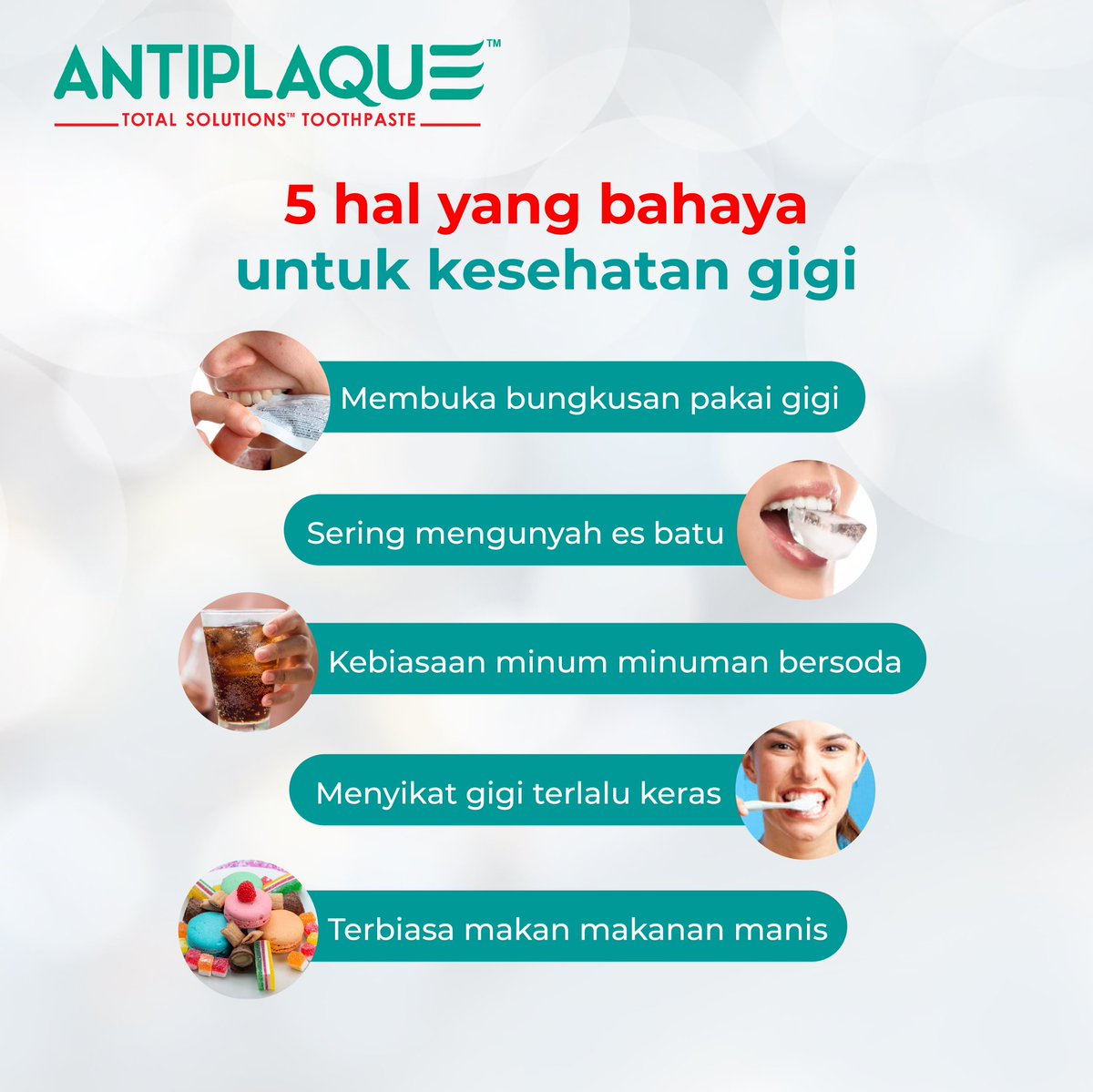 AntiplaqueTST's tweet photo. 5 hal ini bahaya untuk kesehatan gigi mulai dari membuka bungkusan pakai gigi, sering mengunyah es batu, kebiasaan minum minuman bersoda, menyikat gigi terlalu keras, dan terbiasa makan makanan manis atau lengket jadi jangan anggap sepele ya, Sahabat Antiplaque! https://t.co/zWG5JsD5Lv
