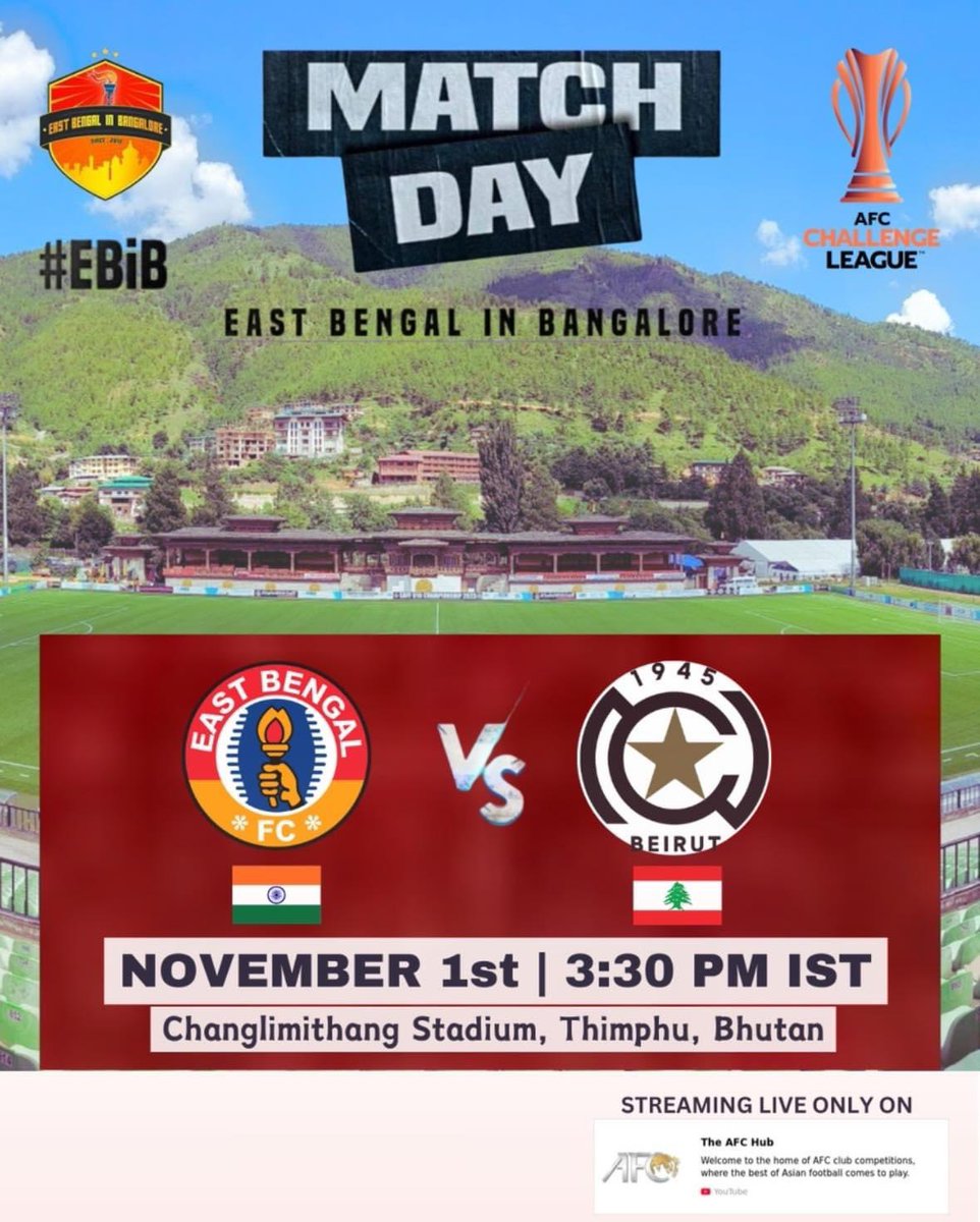 EastBengalinBLR's tweet photo. Matchday! 
East Bengal FC vs Nejmeh SC!

The Red and Gold take on Nejmeh SC in Bhutan for their third AFC Challenge League clash. Let’s unite in support and cheer for victory ❤️💛❤️💛

#JoyEastBengal #AFCChallengeLeague #RedAndGold #EBiB https://t.co/FW7zi7bgJY