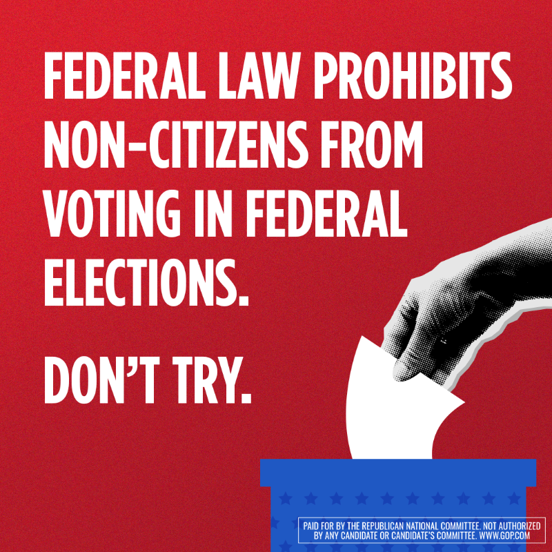 Republicans's tweet photo. 🚨Learn the Voting Laws🚨
If you are NOT a citizen of the United States, it is against the law to vote in Federal Elections.