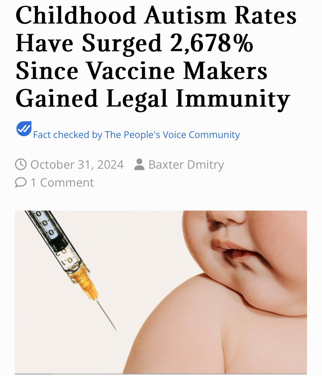 toobaffled's tweet photo. Since vaccine manufacturers were granted liability protection in 1986, childhood autism rates have skyrocketed by an incredible 2.678%. Despite this alarming increase, regulators and vaccine makers continue to deny that there any connection to vaccinations.

https://t.co/mxaqHrpkJw