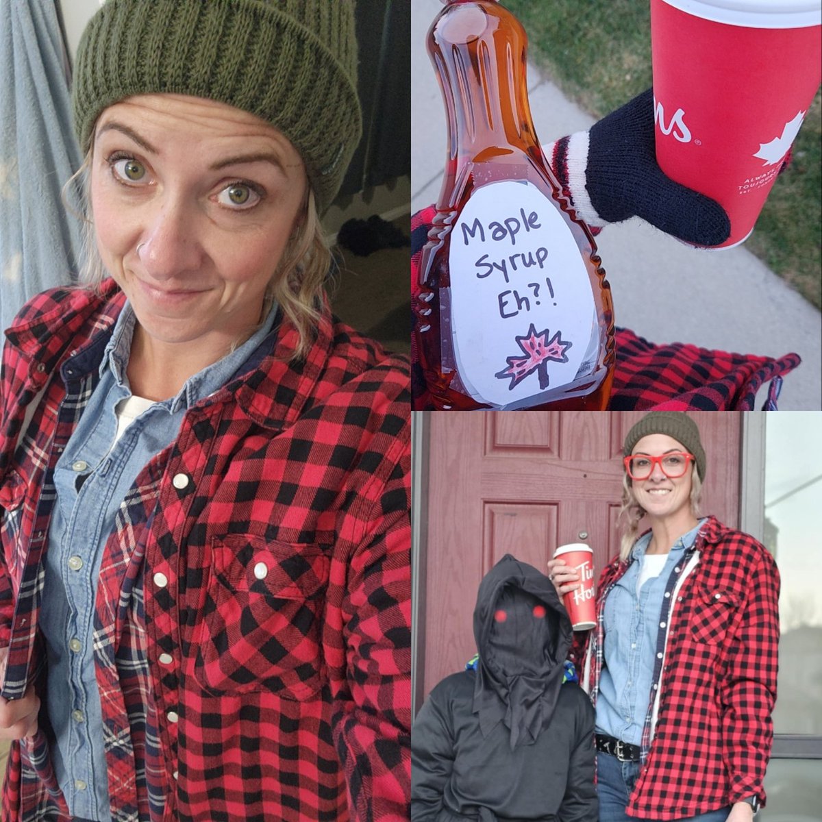 julesnovlesky's tweet photo. Happy Halloween ๐ For practicality, I went as a Canadian. Complete with jean on jeans, flannel, Buffalo plaid, a toque, Tim's, & Maple Syrup. Naturally, the jeans were tucked into the Sorels like a proper Canadian ๐๐ป #trickortteat #CanadianTuxedo #CanadianEh #yql #halloween https://t.co/al12aVlHbL