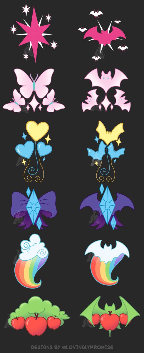 lovinglypromise's tweet photo. Some friends wanted a closer look at the Cutie Marks alongside the original designs, so here they are! π¦πβ¨
#mlp #mylittlepony #mlpfim #mlpredesign #mlpart #mlpbat #batpony https://t.co/eUYuTGzsGO
