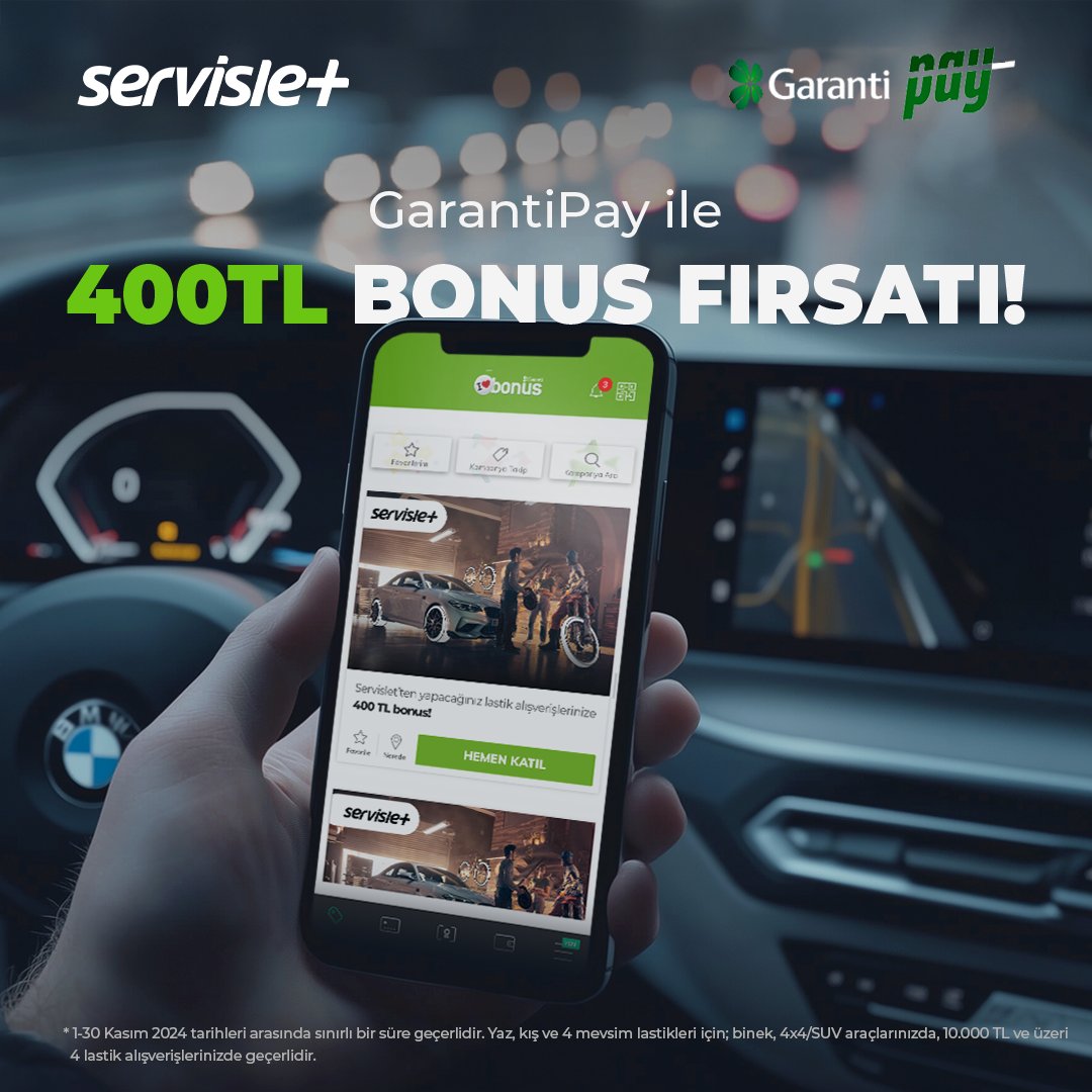 1 - 30 Kasım 2024 tarihleri arasında GarantiPay ile yapacağınız 10.000 TL ve üzeri alışverişlerde, bonus kartlarınızla 400 TL bonus kazanma şansı Servislet’te sizleri bekliyor! 

Detaylı bilgi: servislet.com/lastik/kampany…