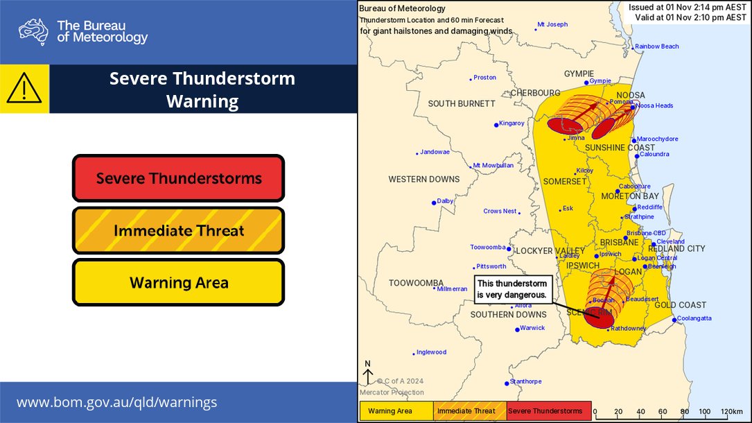 BOM_Qld's tweet photo. Severe Thunderstorm Warning - GIANT HAILSTONES and DAMAGING WINDS
Very dangerous storms forecast to affect:
⛈️Area southwest of #NoosaHeads and #Imbil by 2:40 pm
⛈️Noosa Heads and #Pomona by 3:10 pm
Warnings updated frequently during event: https://t.co/TAdTlUxWCt https://t.co/7Tu9mapZSm