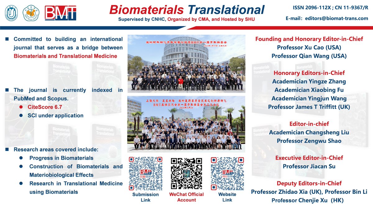 DrJinhuaLI's tweet photo. Biomaterials Translational （ISSN: 2096-112X）is an international journal publishing research at the interface of translational medicine, biomaterials science and engineering.
For more details:
https://t.co/V57HHPJDwz https://t.co/e4fPWqGmGa