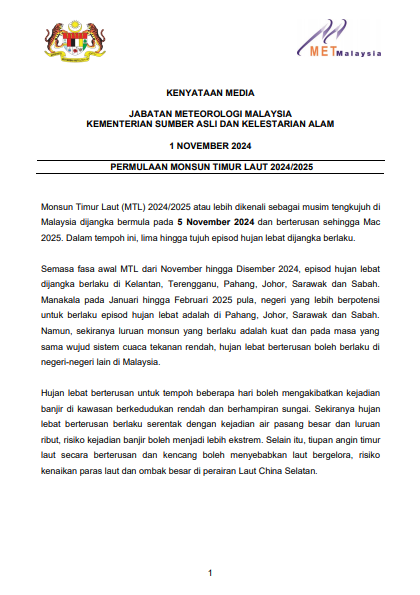 metmalaysia's tweet photo. 𝗞𝗲𝗻𝘆𝗮𝘁𝗮𝗮𝗻 𝗠𝗲𝗱𝗶𝗮 𝗝𝗮𝗯𝗮𝘁𝗮𝗻 𝗠𝗲𝘁𝗲𝗼𝗿𝗼𝗹𝗼𝗴𝗶 𝗠𝗮𝗹𝗮𝘆𝘀𝗶𝗮 : 𝗣𝗲𝗿𝗺𝘂𝗹𝗮𝗮𝗻 𝗠𝗼𝗻𝘀𝘂𝗻 𝗧𝗶𝗺𝘂𝗿 𝗟𝗮𝘂𝘁 𝟮𝟬𝟮𝟰/𝟮𝟬𝟮𝟱 𝘆𝗮𝗻𝗴 𝗱𝗶𝗷𝗮𝗻𝗴𝗸𝗮 𝗯𝗲𝗿𝗺𝘂𝗹𝗮 𝗽𝗮𝗱𝗮 𝟱 𝗡𝗼𝘃𝗲𝗺𝗯𝗲𝗿 𝟮𝟬𝟮𝟰.

#metmalaysia
#NRES
#MalaysiaMadani https://t.co/yV5NIunE9w