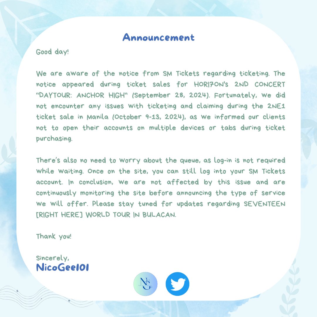 NicoGee101's tweet photo. 📣Announcement
✉️In regard to the S/M T.i.c.k.e.t/s notice and S/E/V/E/N/T.E.E.N Bulacan ticketing.
Thank you! 💙
#VLCTUpdates https://t.co/cQ5yZPk1hR