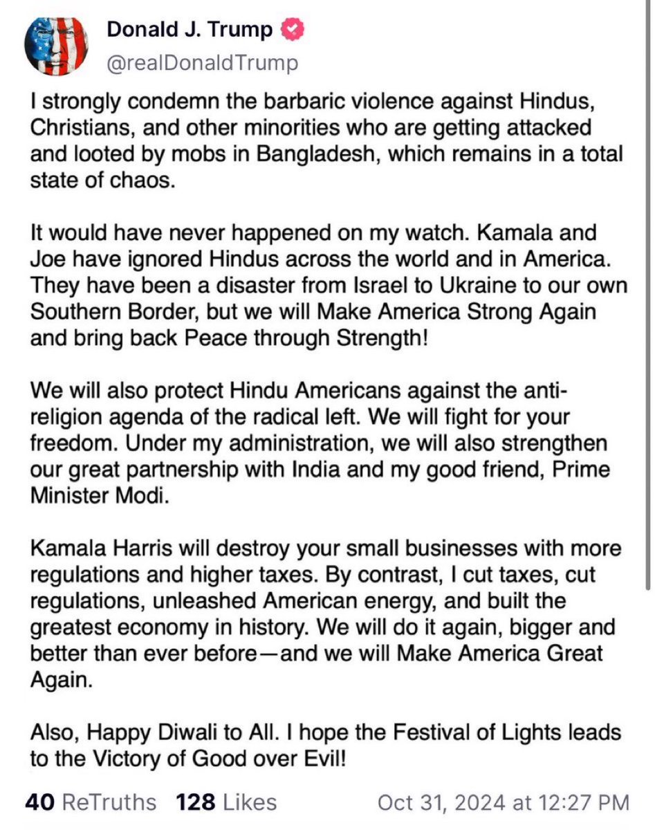 SiddharthaUA's tweet photo. Hindus on #Diwali2024 from #DonaldTrump , he focussed on horrifying attacks on Hindus in Bangladesh. Glad atleast one of the powerful person in the world is talking on this.
#HindusWithTrump https://t.co/XZczVPvFGn