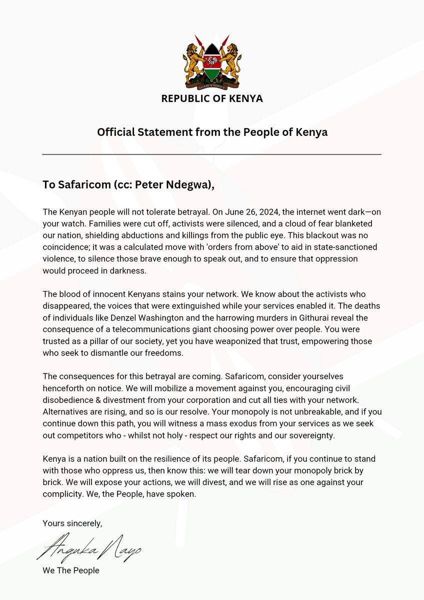 CivicEdKenya's tweet photo. Hear ye! Hear ye!
We, the People, have spoken!
@WilliamsRuto @USAmbKenya @SafaricomPLC @PeterNdegwa_
#KenyaIsASovereignState
#EnoughIsEnough
#MustGo
#FreeAoko https://t.co/bD5Phmr6Mo