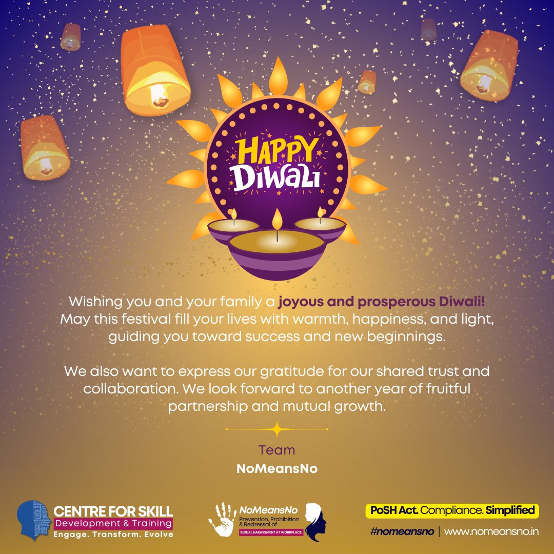 NoMeansNo_CSDT's tweet photo. May this festival of lights illuminate your path with prosperity, joy, and continued success in your efforts to create safer environments.
#HappyDiwali #SafeWorkplaces #PoshCompliance https://t.co/29R5RVfd8e
