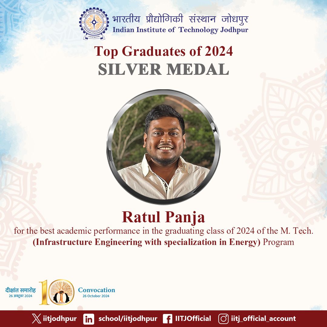 Civil & Infrastructure Engineering at IIT Jodhpur (@cieiitj) on Twitter photo ๐ฅ Congrats to Mr. Ratul Panja for winning the Silver Medal in M.Tech. - Infrastructure Engineering! Proud of our IIT Jodhpur graduates! Best wishes for your future!
#silvermedal #iitj #proudmoment <a href="/ratul_panja/">RATUL PANJA</a> ๐ฅ Congrats to Mr. Ratul Panja for winning the Silver Medal in M.Tech. - Infrastructure Engineering! Proud of our IIT Jodhpur graduates! Best wishes for your future!
#silvermedal #iitj #proudmoment <a href="/ratul_panja/">RATUL PANJA</a>