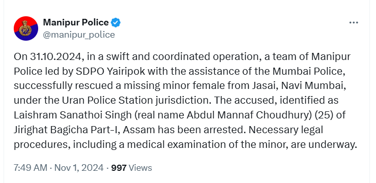 hindupost's tweet photo. Minor Meitei Hindu girl rescued from Navi Mumbai by police. She had been abducted by  25-year-old Muslim male from Assam who assumed a Hindu identity to trap the girl.

If you still think tactics to groom and trap non-Muslim girls are not discussed, disseminated, supported and replicated via diffused community networks including jamaat-mosque-madrasas, you are either -

* A useful idiot, infected with the secular bug
* An apathetic, deracinated, wannabe Anglophile
* A devious crypto / Hindu-hater

#LoveJihad #GroomingJihad