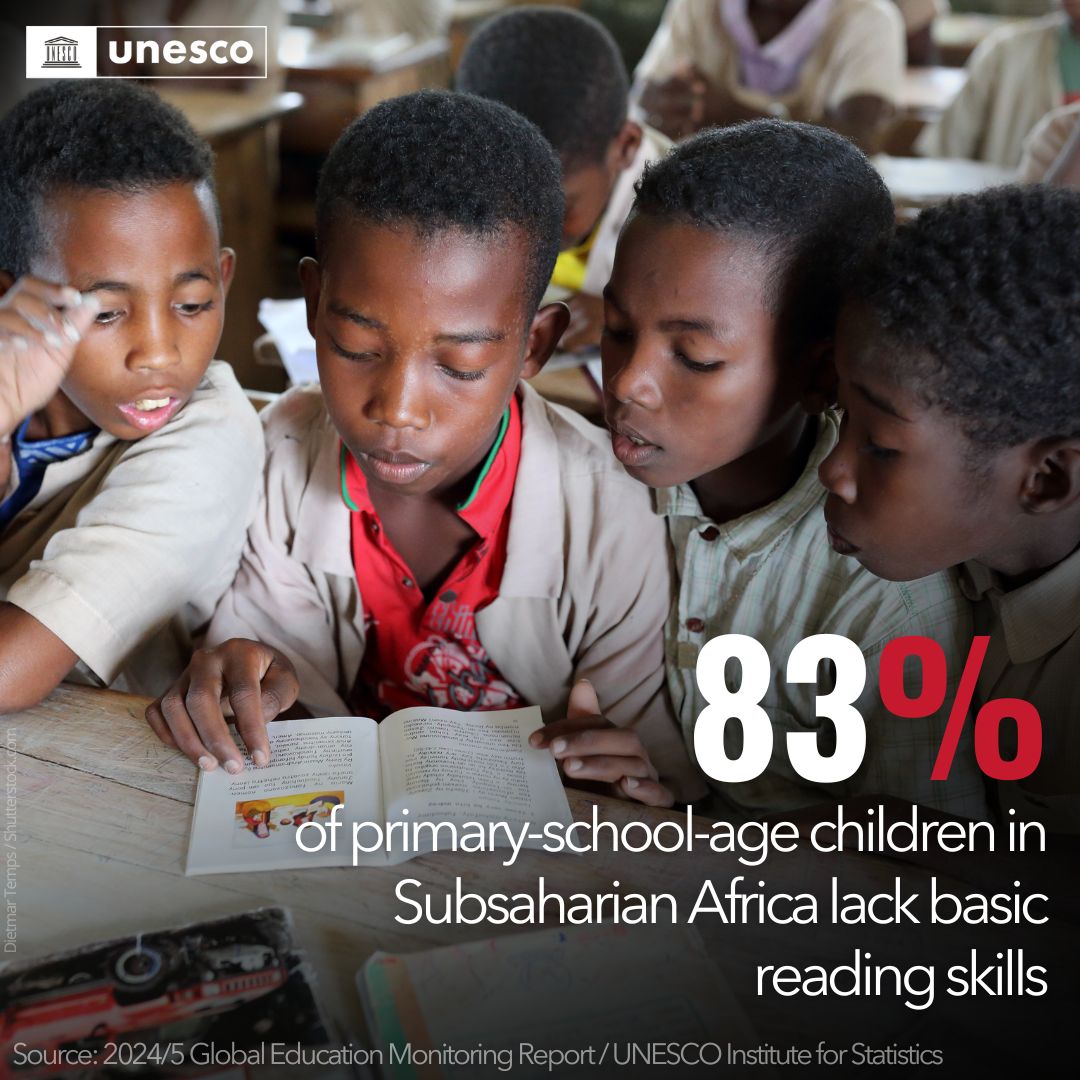 In Sub-Saharan Africa, the lack of basic reading skills threatens an entire generation.

Investing in #education is essential to reverse this trend &amp; to secure a brighter &amp; more dignified future for millions of children.

It’s urgent: unesco.org/sdg4education2… #LeadforLearning