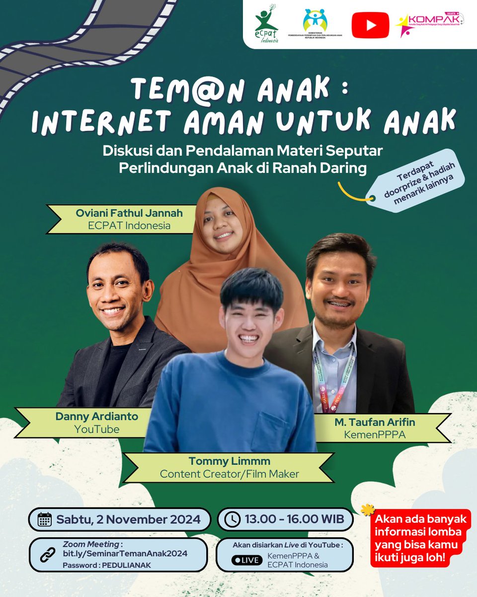 ECPAT Indonesia bersama dengan KemenPPPA berinisiatif membuat diskusi dan pendalaman materi seputar perlindungan anak di ranah daring dengan judul “Tem@n Anak : Internet Aman Untuk Anak”. Yang akan dilaksanakan pada :

Hari/tanggal: Sabtu, 2 November 2024
Waktu: 13.00 - 16.00 WIB