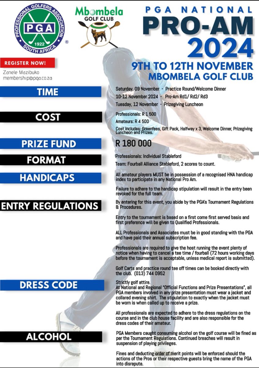 We are fast approaching the 6th playing of the <a href="/PGASA/">Professional Golfers Association of South Africa</a> Mbombela Pro Am sponsored by <a href="/SABreweries/">The South African Breweries</a> , <a href="/Mtpatourism/">Mpumalanga Tourism</a> , <a href="/CellC/">@CellC</a> and <a href="/Discoverybank24/">discoverybank</a> 

We look forward to welcoming all to another exciting tournament and trust you will enjoy the #UltimateBushveldGolfingExperience