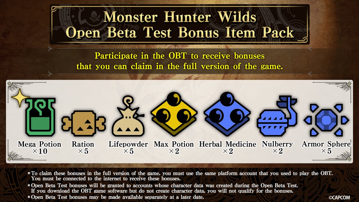 CapcomAsia's tweet photo. #MonsterHunter #MHWilds #OpenBetaTest #OBT 
🥳Open Beta Test with Cross-Platform for PS5, Xbox Series X|S and Steam(PC) starts today! 🥳

Period: UTC Friday, November 1, 2024 3:00am - Monday, November 4, 2024 2:59am

[Notice]
The issue where an error code may be displayed after creating a character and the save file cannot be loaded has been fixed. 

Please update the game version to the latest version (Beta Ver.0.001.01.00) and start the game. 

We sincerely apologize for the inconvenience and appreciate your patience.

The open beta test includes three types of content: Character Creation, Story Trial Quests, and Doshaguma Hunting Quests.

🎁 Those who participate in the open beta test will receive a special bonus pendant and an item pack which will be available to download within the full version of the game. 🎁 

We look forward to seeing you in the Open Beta Test! ✨

For more details, please visit https://t.co/Petsj5C6gt

The purpose of this test is to allow players to experience a limited portion of Monster Hunter Wilds and also to verify various technical aspects such as network load and overall operation prior to the game's full release.

Please note that the final product is still in development. Certain aspects such as game specifications and balance may differ in the full version.

We are committed to ensuring the quality of the final product.

*The Open Beta Test period is subject to change or cancellation without prior notice.
*The Open Beta Test is for online use only. It cannot be played offline. Access to an internet connection is required to play the game online.
*The Open Beta Test is not subject to user support. Questions regarding game content will not be accepted.
*Support will not provide for any unexpected behaviour or malfunctions that may occur during the Open Beta Test.
*Emergency maintenance may be performed during the specified period without prior notice.
*One of the purposes of the Open Beta Test is to verify certain elements such as network load. Please note that since the game is still in development, we cannot guarantee a stable gameplay experience.