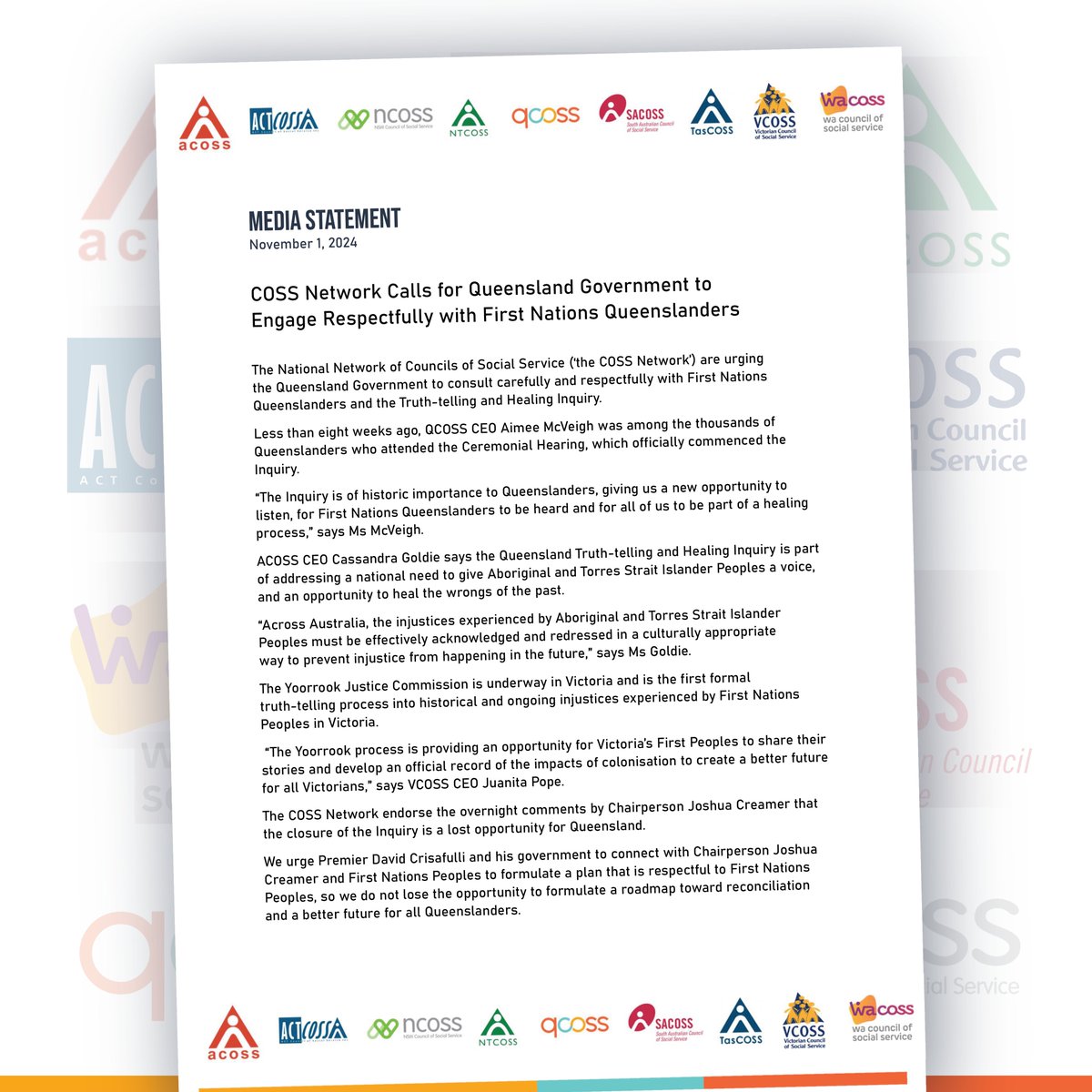 WACOSS fully supports QCOSS’ call for the new Queensland Premier not to cancel the First Nations Truth-Telling and Healing Inquiry in the state.

As a nation, let’s not close ourselves off from learning from the past to build betters futures for all Australians.