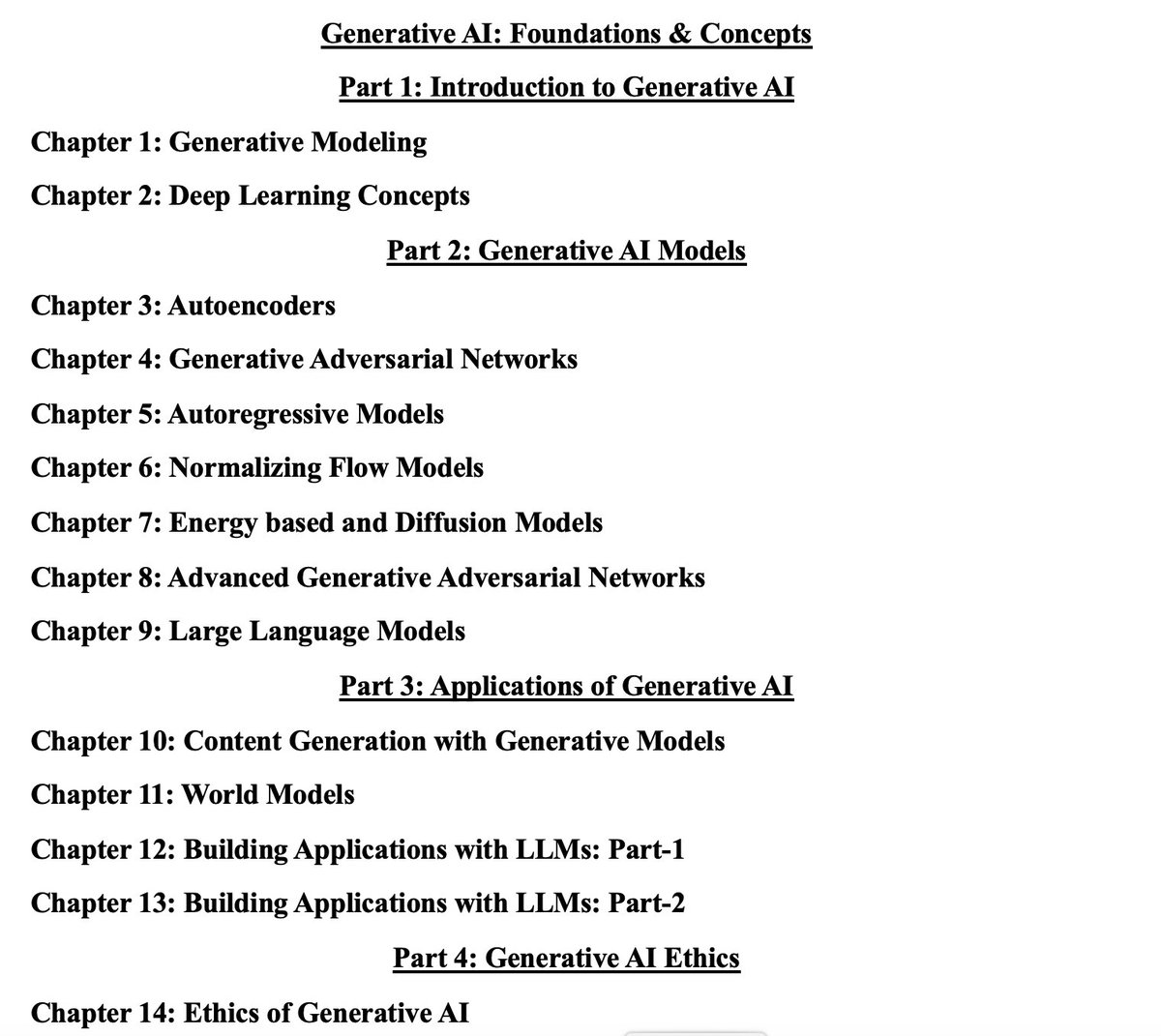 umanq's tweet photo. After countless iterations, the Table of Contents for my sixth book and fourth textbook with Springer, "Generative AI: Foundations &amp; Concepts," is finalized.
And I'm ready for my favourite part – bringing each concept to life on the page! https://t.co/OrOg0vyMg3