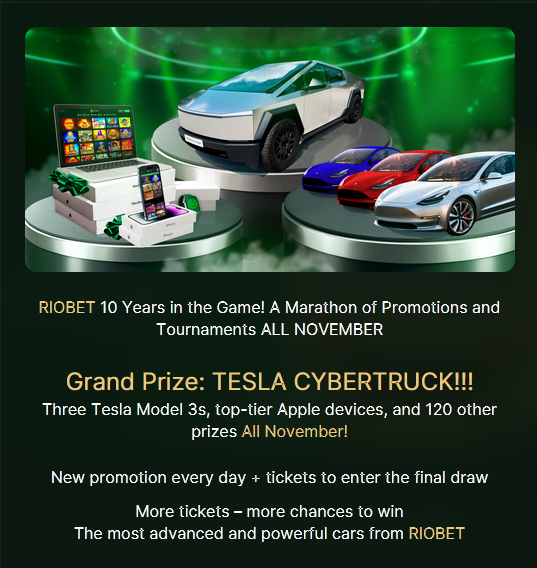 PlayerFortune's tweet image. ALL NOVEMBER!
RIO Marathon of Promotions and Tournaments - 10 Years in the Game!
We’re giving away the GRAND prize: a TESLA CYBERTRUCK
Three Tesla Model 3s, top Apple tech, and 100 other prizes!  bit.ly/3w1F0lA
#TESLACYBERTRUCK #Gift #Tournaments #prize
#Apple