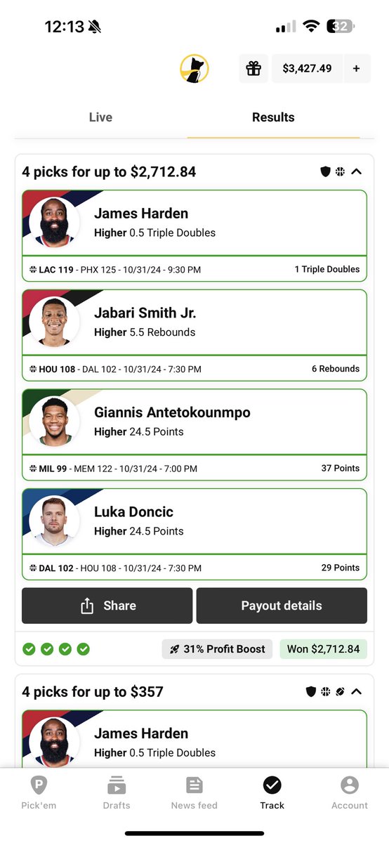 devinskalak's tweet photo. @TroubleBets really the goat!! Paired up some his plays on alt lines with a harden TD and magic happened. Quit sleeping!!!! https://t.co/x4Dtf90LOq