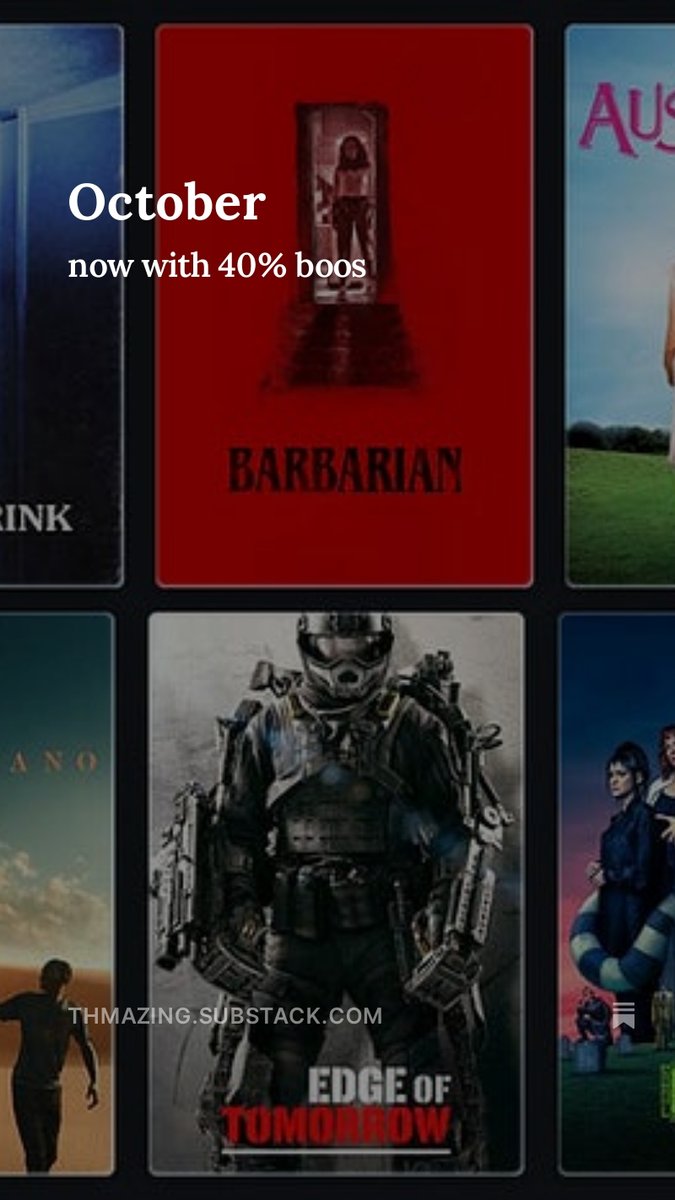 My favorite newly seen movie this month had to be Barbarian. Best horror movie since It Follows, imo.

thmazing.substack.com/p/october-d14
