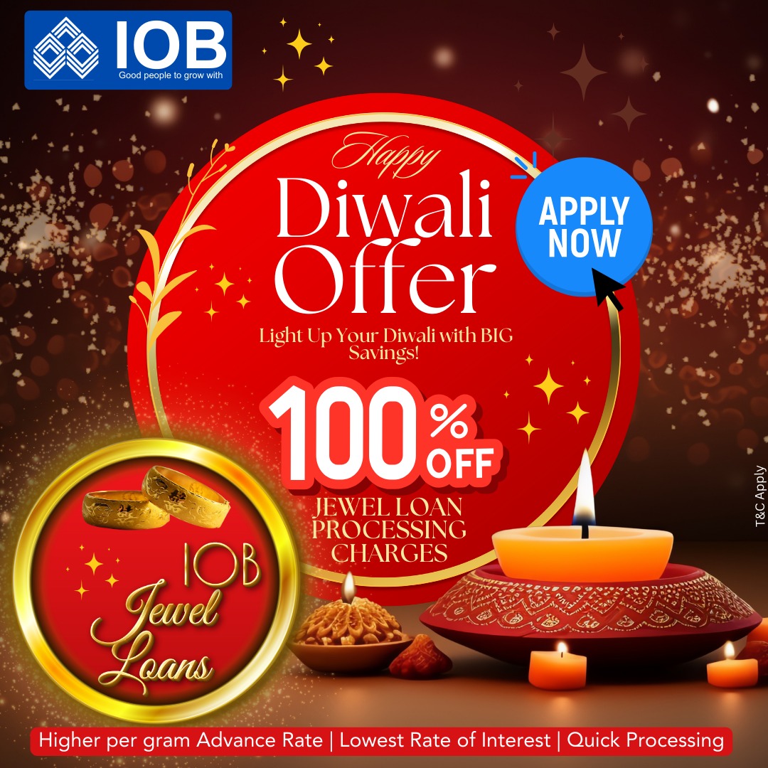IOBIndia's tweet photo. ✨ Celebrate this festive season with sparkle and savings! ✨ Enjoy a 100% waiver on Jewel Loan processing charges with IOB. Shine bright without any extra charges! 💎 #IOBJewelLoan #ZeroProcessingCharges #NilProcessingCharges
https://t.co/laDoZP9iHu
#IOB #IndianOverseasBank #DFS #RBI #IOBGoldLoan #goldloan #JewelLoan #loanservices #jewelry #jewelery #goldjewellery #ZeroProcessingFee #Zero #QuickDisbursal #Cash