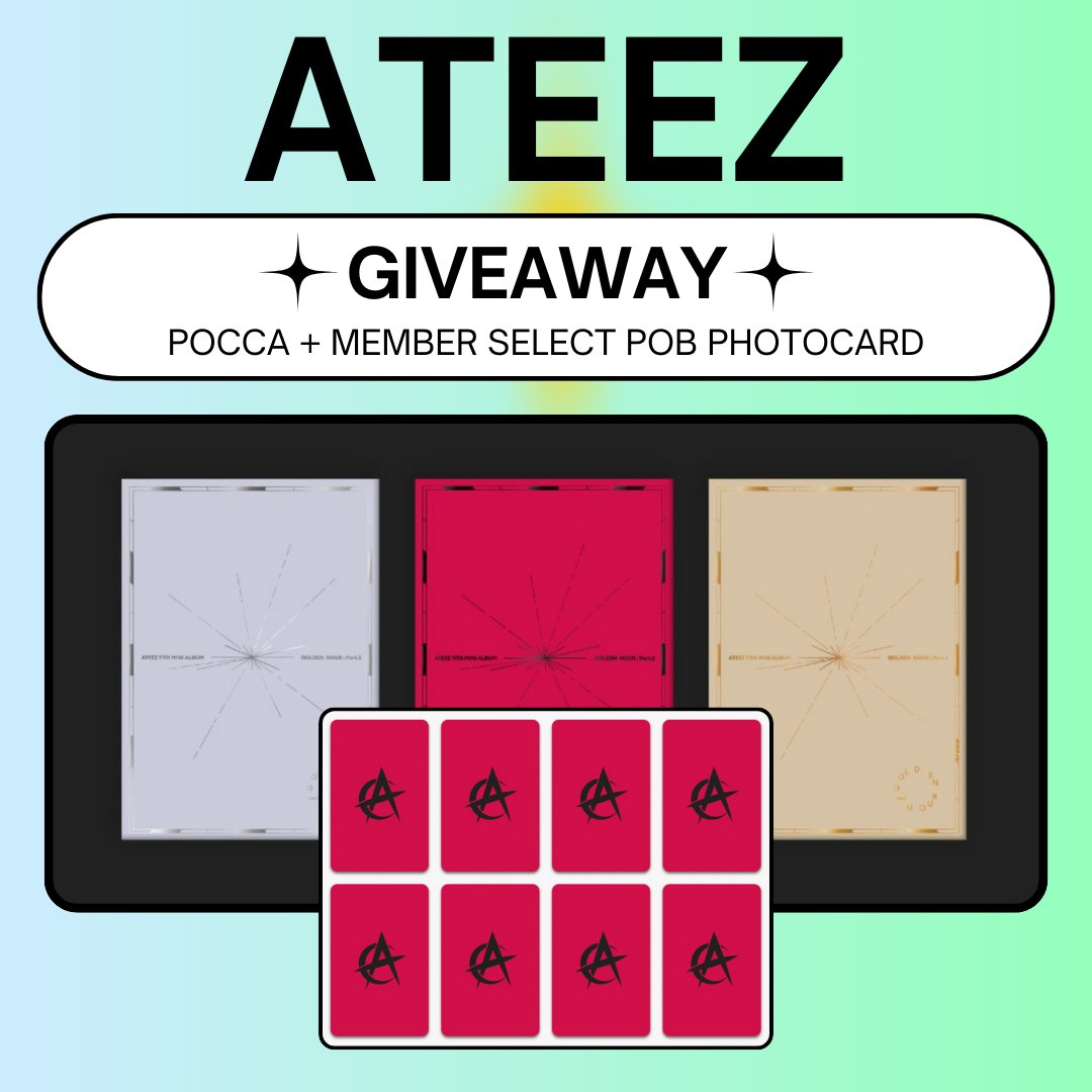 ATINYS~! We're back with a giveaway to celebrate ATEEZ's newest comeback! 🎉 

Eight lucky winners will each receive 1 POB member-select photocard of their choice AND 1 POCCA album version of their choice! 💜

💝 Prizes include:
1 x POB Member Select Photocard from Makestar's POB