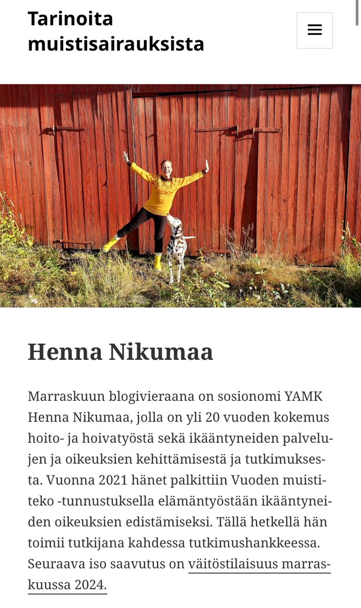 Hanna-Maria Roitto (@roittohm) on Twitter photo Tarinoita Muistisairauksista on päivittynyt🤩 Käy lukemassa Hennan vinkit ja opit muistisairauksiin liittyen ⬇️
blogs.helsinki.fi/hroitto/2024/1…
<a href="/hennanikumaa/">Henna Nikumaa</a> <a href="/UEFLawSchool/">UEF Law School</a>
<a href="/HelsinkiUniMed/">Medicine and Health, University of Helsinki</a> <a href="/Muistiliitto/">Muistiliitto ry</a> <a href="/vanhusasia/">Vanhusasiavaltuutettu</a> <a href="/KulmalaJenni/">Jenni Kulmala</a> <a href="/SuomenAlzheimer/">Suomen Alzheimer-tutkimusseura</a> <a href="/HkiBrainMind/">Helsinki Brain & Mind</a> Tarinoita Muistisairauksista on päivittynyt🤩 Käy lukemassa Hennan vinkit ja opit muistisairauksiin liittyen ⬇️
blogs.helsinki.fi/hroitto/2024/1…
<a href="/hennanikumaa/">Henna Nikumaa</a> <a href="/UEFLawSchool/">UEF Law School</a>
<a href="/HelsinkiUniMed/">Medicine and Health, University of Helsinki</a> <a href="/Muistiliitto/">Muistiliitto ry</a> <a href="/vanhusasia/">Vanhusasiavaltuutettu</a> <a href="/KulmalaJenni/">Jenni Kulmala</a> <a href="/SuomenAlzheimer/">Suomen Alzheimer-tutkimusseura</a> <a href="/HkiBrainMind/">Helsinki Brain & Mind</a>