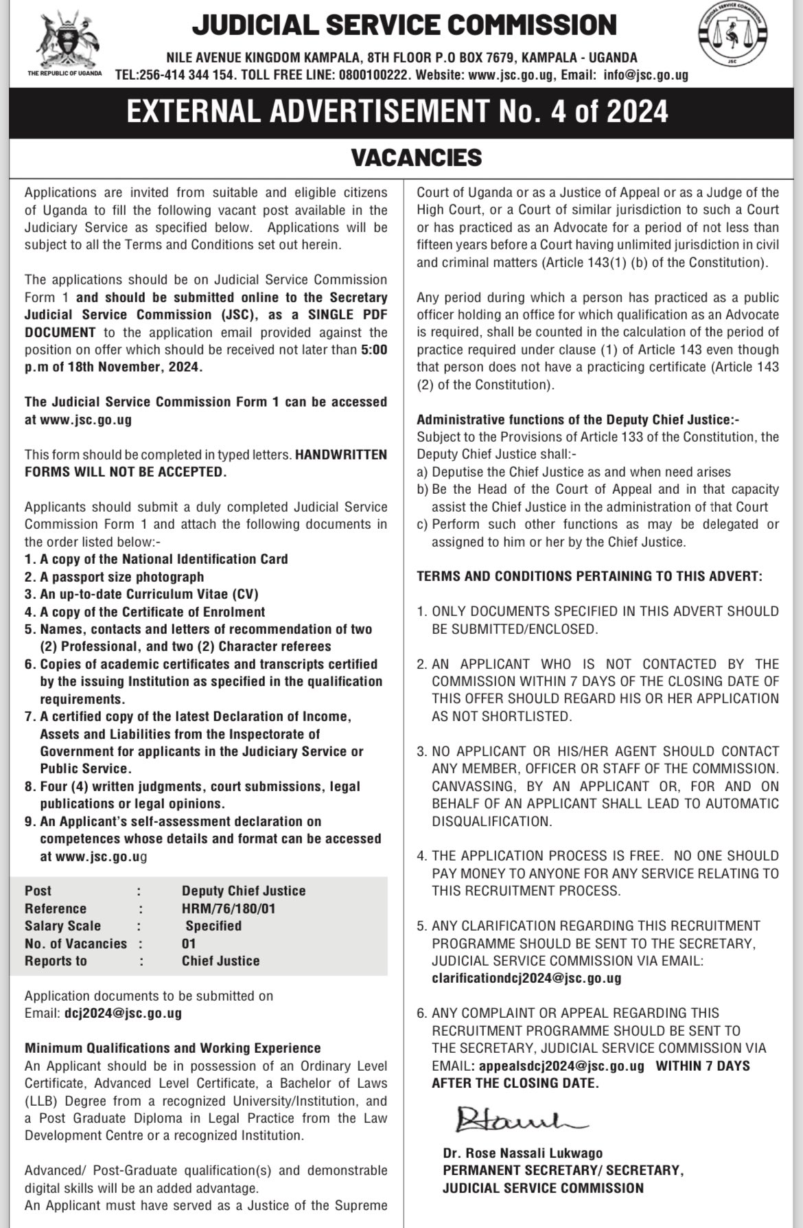 Judicial Service Commission Uganda on X: &ldquo;#Vacancy ⚠️ Post 