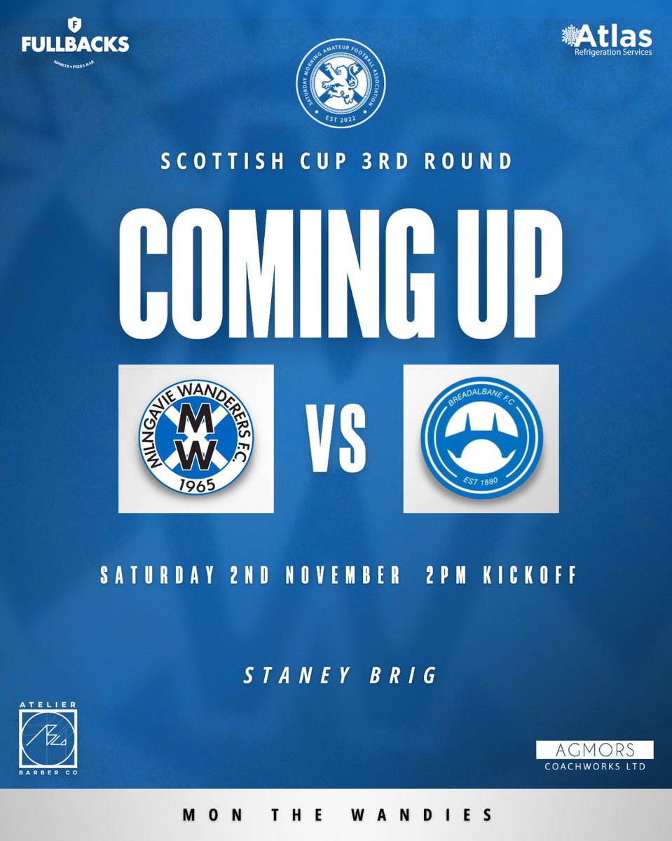 #FixtureFriday

We welcome Perthshire Champions <a href="/BreadalbaneFC/">Breadalbane FC</a> to Staney Brig tomorrow in the 3rd round of the Scottish Cup. 

MTW 💙 

<a href="/Atlas_Refrig/">Atlas Refrigeration Services</a> <a href="/scotscores/">scotscores</a> <a href="/scottish_aff/">AmateurFixturesResultsSCO</a> <a href="/OfficialSMAFA/">SMAFA</a>