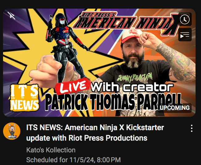 PatrickThomasP1's tweet image. Talking NINJA comics and toys with @KatosKollection on Super Tuesday! #americanninjax #riotpress #supertuesday youtube.com/watch?v=oRC4xq…
