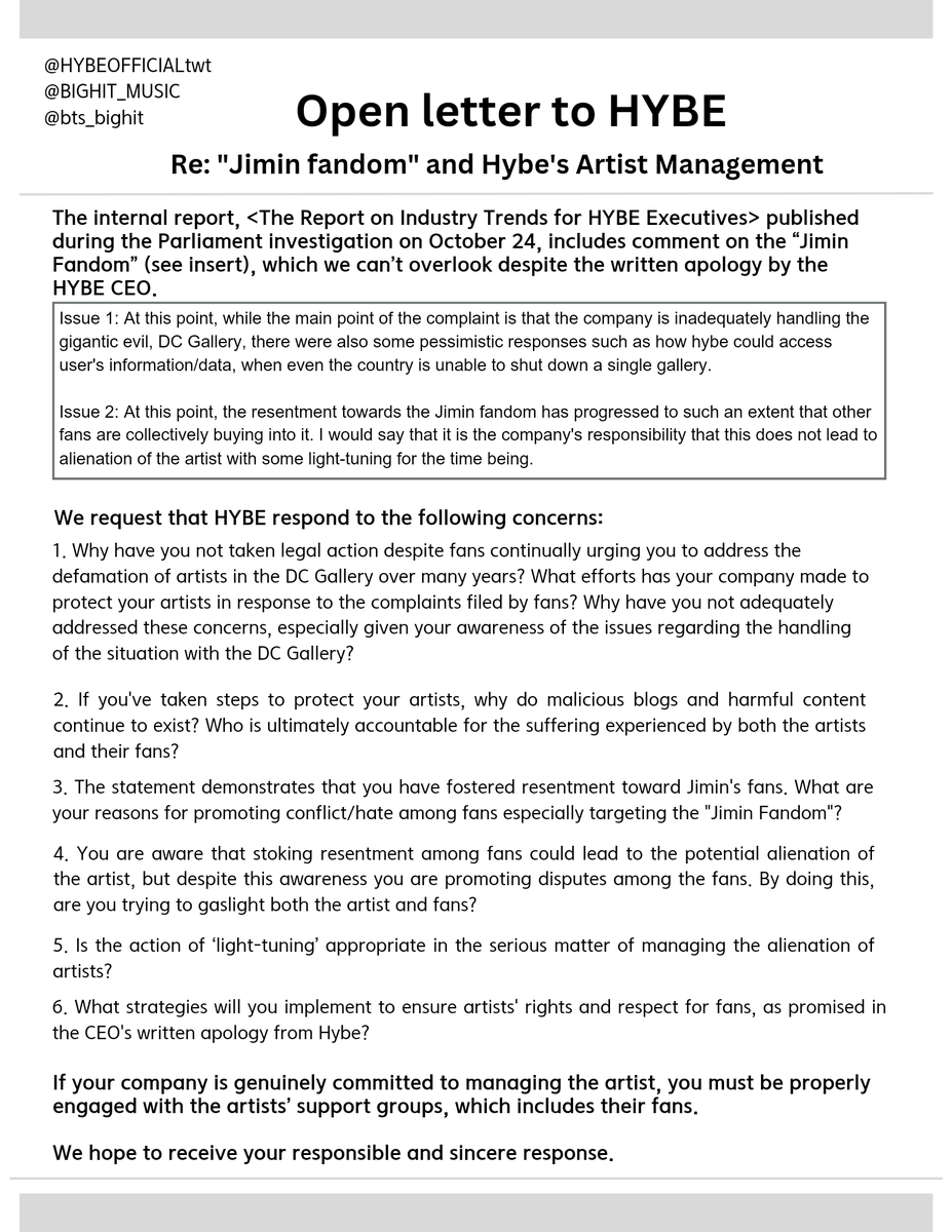 Sirius_PJM's tweet photo. HYBE, we request your prompt response to serious concerns regarding your comments on Jimin and his fans contained in <The Report on Industry Trends for HYBE Executives>. 

HYBE RESPECT JIMIN
HYBE SUPPORT JIMIN
HYBE DO YOUR JOB

@HYBEOFFICIALtwt
@BIGHIT_MUSIC
@bts_bighit https://t.co/MWD9aufjMl
