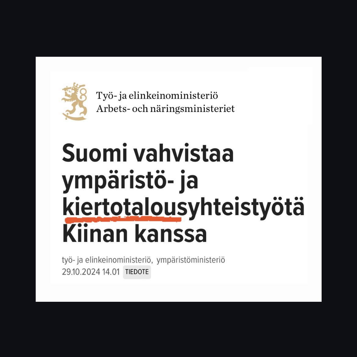 Suomen pitäisi viedä Kiinaan mieluummin kiertotalousratkaisuja kuin kanansiipiä.

Kiertotalouden vientipotentiaali on valtava, ja voisimme erilaisten teknologia- ja systeemi-innovaatioiden viennin myötä olla kiertotalouden suurvalta. 

Tämä peli voidaan vielä voittaa!!
