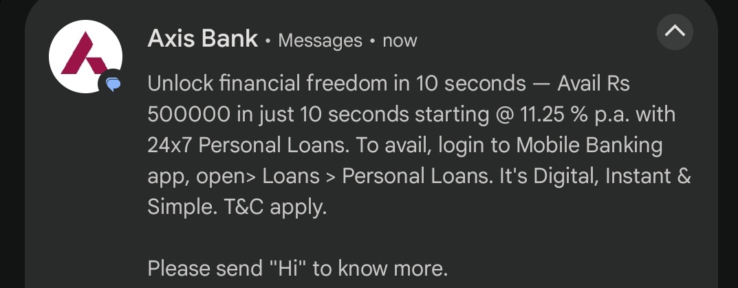 Surr_Bee's tweet photo. You would really sell a "Loan", by calling it "Financial Freedom"? 
What's with your marketing @AxisBank ? 
We are not THAT stupid. https://t.co/xSgnBKmLYe