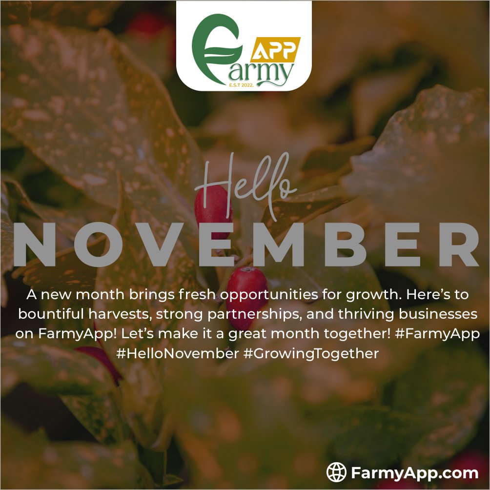 farmyapp's tweet photo. Hello, November! 🍂 A new month brings fresh opportunities for growth. Here’s to bountiful harvests, strong partnerships, and thriving businesses on FarmyApp! 🌾 Let’s make it a great month together! #FarmyApp #HelloNovember #GrowingTogether https://t.co/jSAFEfvDPH
