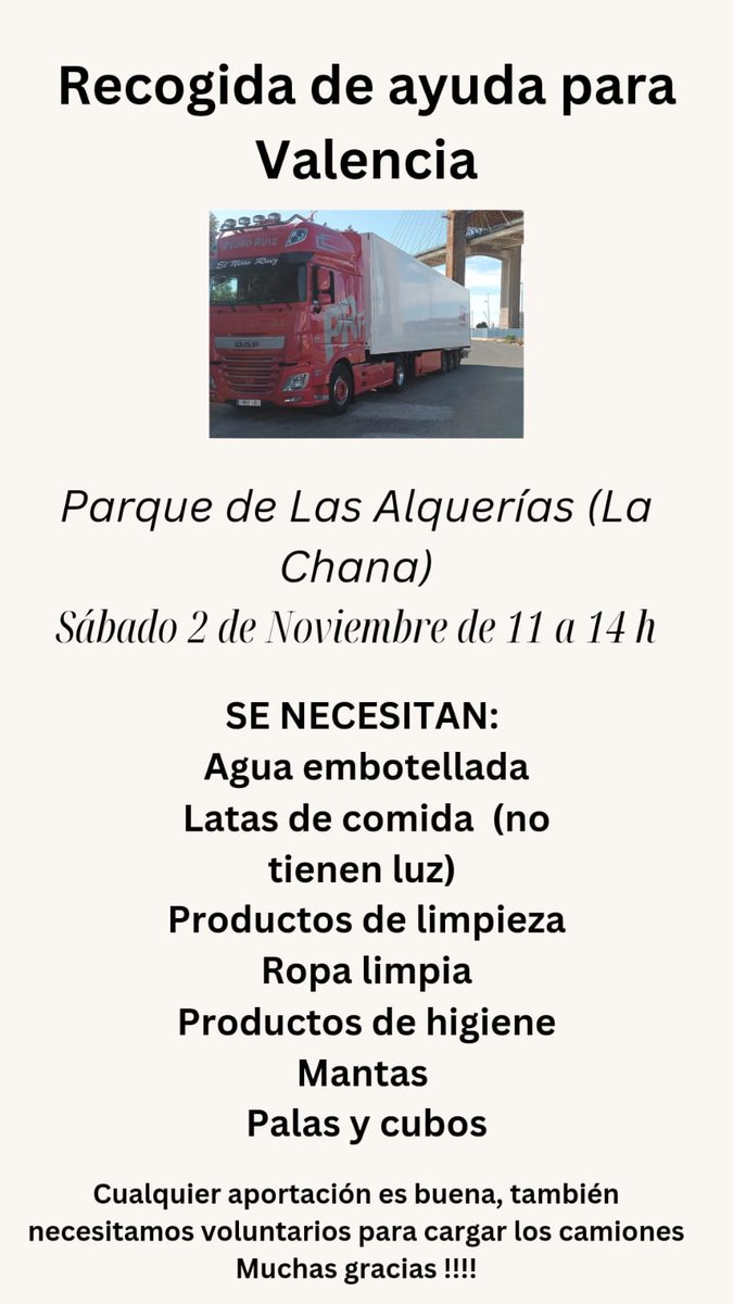 Hola a todos
Una familia amiga de nuestro club con una empresa de camiones quiere llenar dos trailer de productos de primera necesidad para Valencia.
Por favor, máxima difusión. 

Gracias a todos.